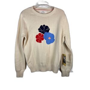 Trovata Floral Intarsia Cotton Knit Crewneck Sweater Cream Medium NWT